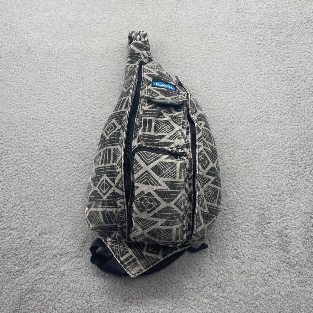 Kavu Rope Bag Gray Black Geometric Tribal Canvas Sling Backpack Unisex Crossbody